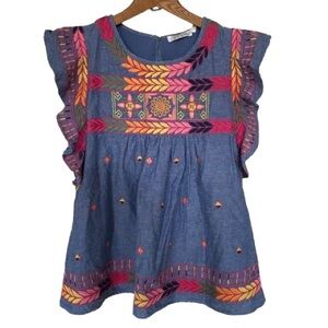 Ark NC Women’s Embroidered Top Size L Ruffle Sleeve Cotton Linen Boho Festival
